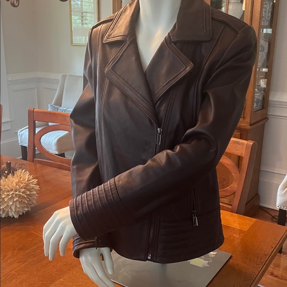 Badgley Mischka Chocolate Leather Coat - Picture 1 of 7